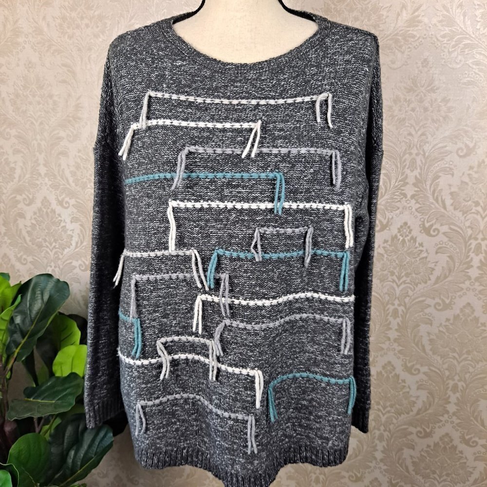 Pure Jill Size Medium Gray Sweater Fringe Tassel Front Multicolor Cozy EUC